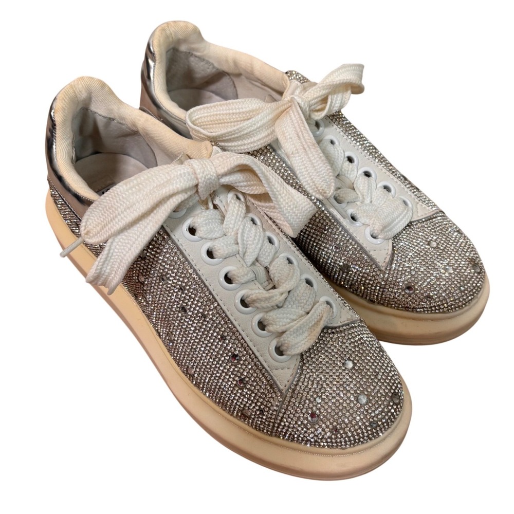 Steve Madden‎ Womens Sneakers Sz 7.5 Glimmer-R Rhinestone Silver White Lace Up